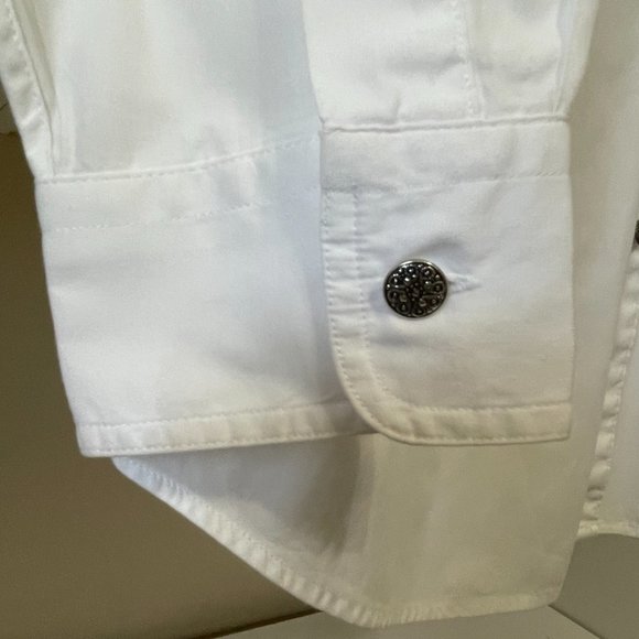 Barbara Blue White Long Sleeve Women Button Up Collared Shirt L Beaded Front - Picture 4 of 11